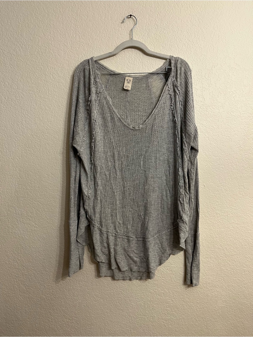 We The Free Light Gray V-Neck Distressed Waffle Knit Top